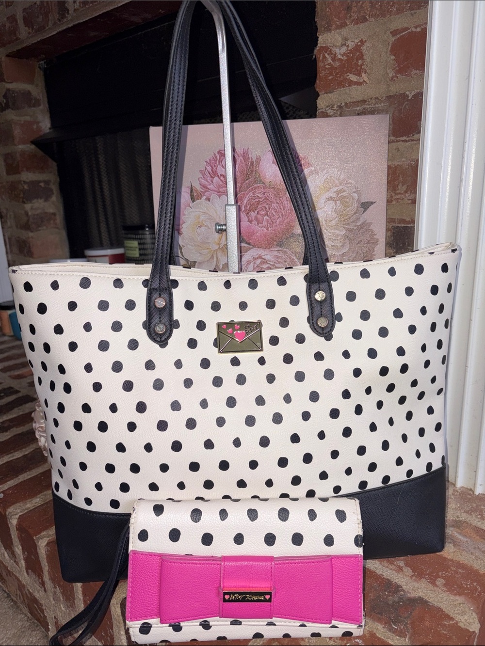 Betsey Johnson White and Black Polka Dot Tote with Pink Accent Wallet